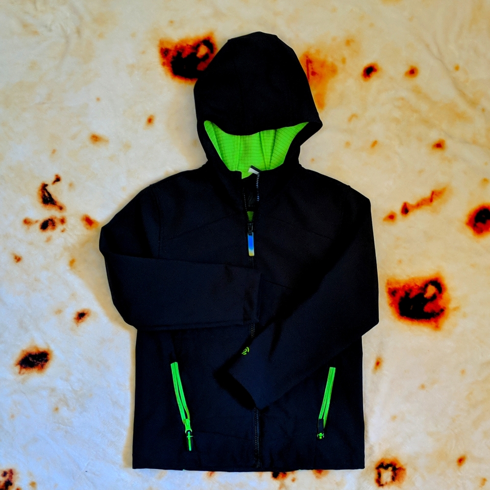 Champion Soft Shell Jacket, size 8 boys, Black and Neon Green